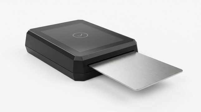 A black electronic payment terminal with a metal credit card inserted on white background with modern black contactless inserted slot plain terminal metallic transaction technology processing