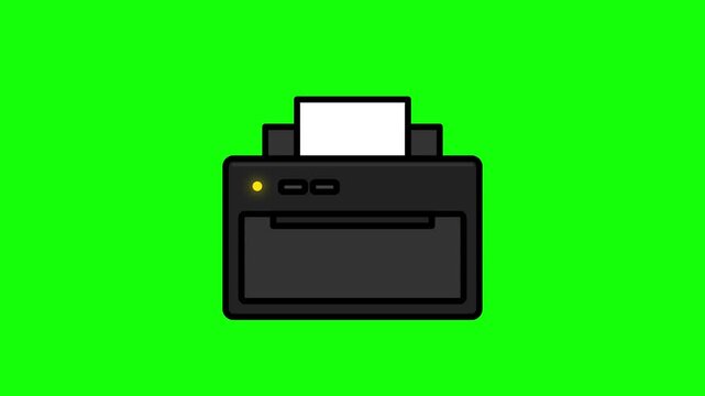 Minimalist black printer machine printing a white paper document on a chroma key green background, flat vector graphic illustration loop