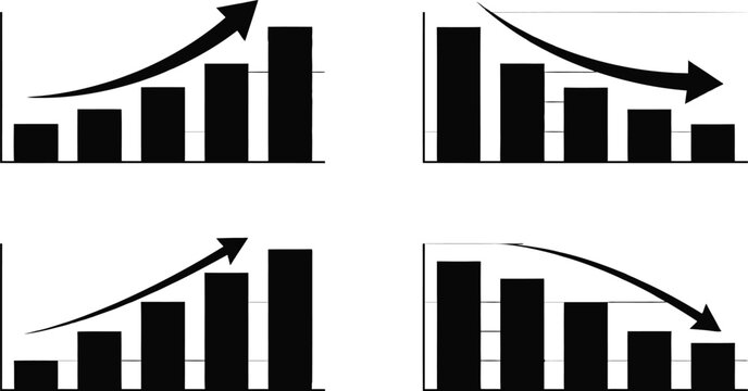 Financial growth and decline bar charts with arrows indicating stock market trends.