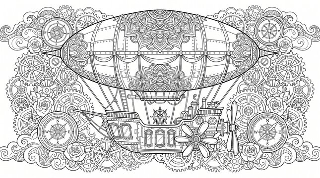 Intricate steampunk airship with mandala patterns gears and vintage compass adult coloring page