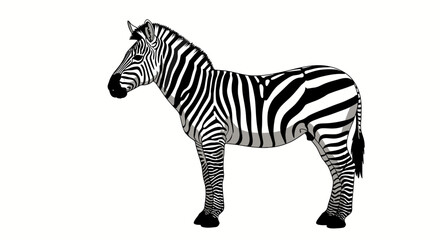 Fototapeta premium A vector illustration of a zebra standing in profile, showcasing its distinct black and white striped pattern, isolated on a white background.