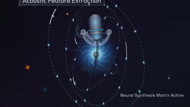Futuristic artificial intelligence animation displaying real-time phonetic analysis and pronunciation correction with a microphone icon, audio waveforms, and dynamic acoustic feature extraction HUD