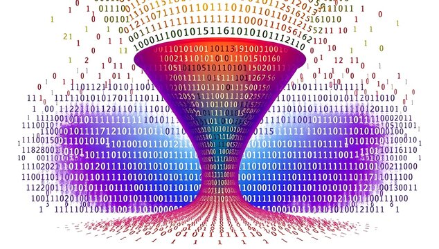 Abstract data funnel shaped like an hourglass with glowing binary numbers