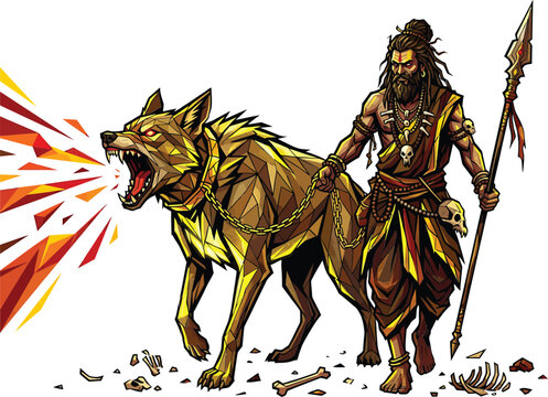 Aghori sadhu with low poly golden wolf, holding spear and chain, isolated on white background