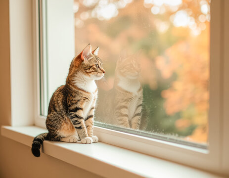Peaceful Autumn Window with Cat Reflection and Warm Light
