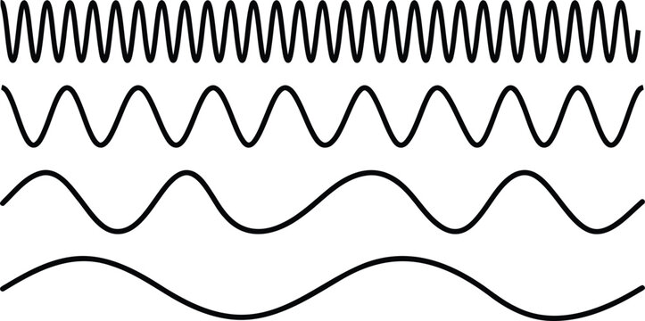 Set of black wave line icons with different frequency and amplitude on transparent background.