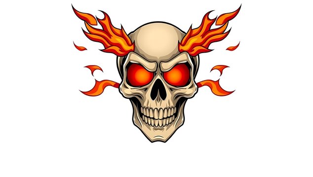Graphic illustration of a human skull engulfed in bright orange flames
