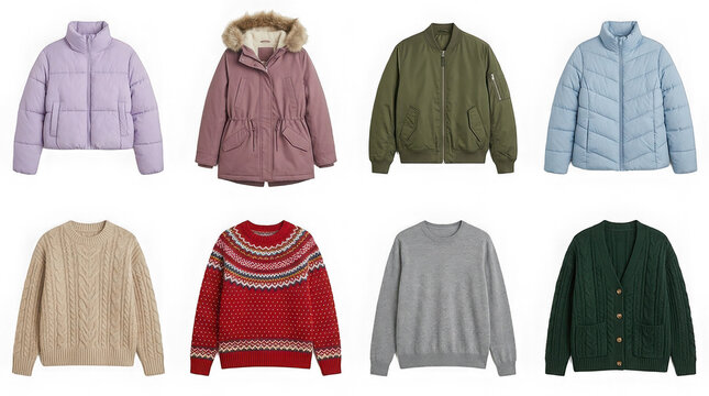 Collection of winter garments including puffer jackets and knit sweaters isolated on white