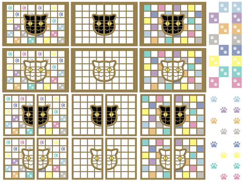 白猫と黒猫のアートなカワイイ障子と飾りセット