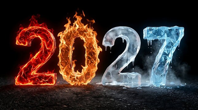 A dramatic artistic rendering of the year 2027 with contrasting fire and ice visual elements beautifully displayed together