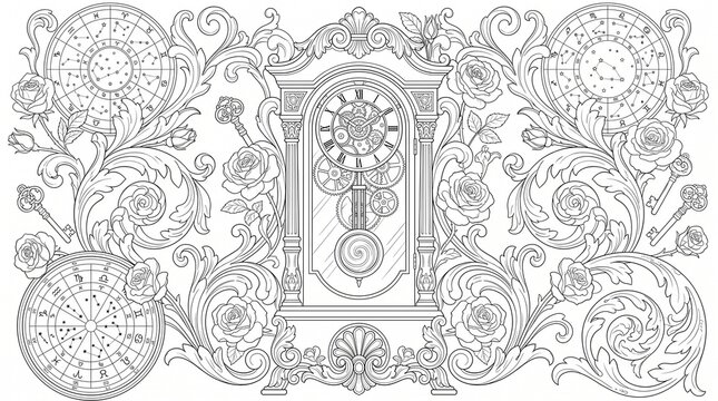 Antique victorian grandfather clock with gears roses keys and zodiac adult coloring page