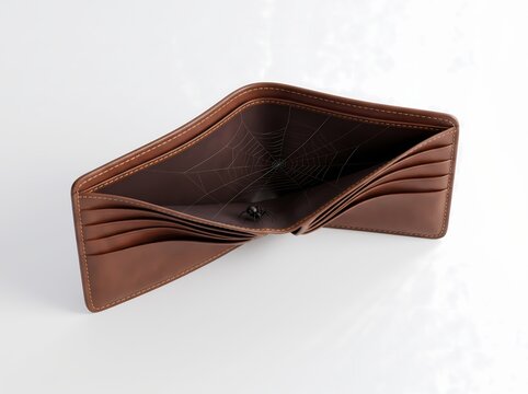 Empty brown leather bifold wallet with a small spider inside over a white background representing poverty and financial debt