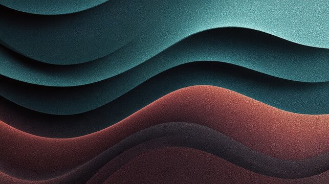 High grain abstract background of flowing colors, curved blending sweeps of pale desaturated teal and dark charcoal brown with reddish undertones, gritty speckled texture resembling high ISO film phot