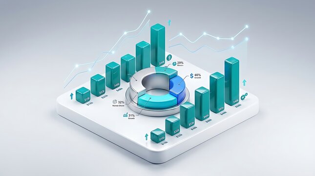 3D isometric financial data visualization with bar charts and a circular graph