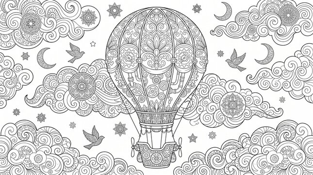 Victorian steampunk airship balloon coloring page for adults with celestial clouds and mandalas