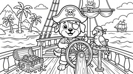 Fototapeta premium Kawaii dog pirate captain on wooden ship deck coloring page for kids with treasure and parrot