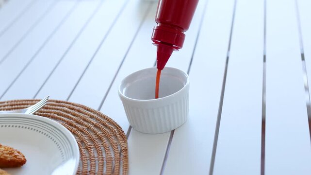 Person squeezes red ketchup from bottle into small white ramekin for dipping food close up.