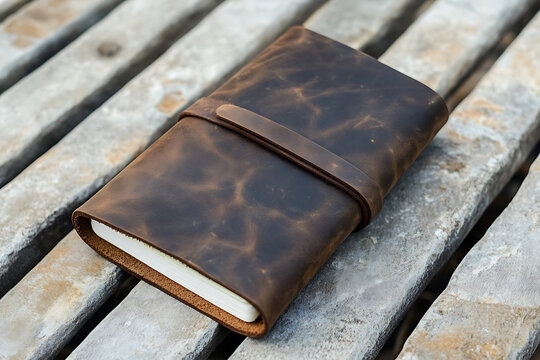 Rustic leather journal with strap resting on a natural wooden background.
