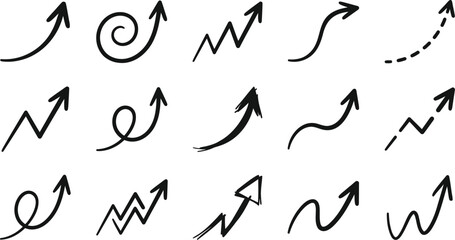 Fototapeta premium Black hand drawn arrow icons set for business growth charts and progress visualization.