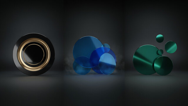Abstract geometric shapes including a speaker and floating circles in dark tones