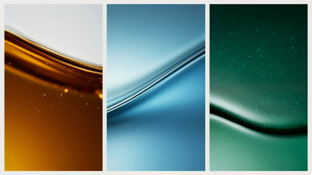 Abstract liquid waves in three vertical panels of amber, blue, and dark green gradient colors