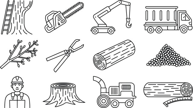Tree service and forestry icon set including chainsaw wood chipper crane log truck and worker outline graphics