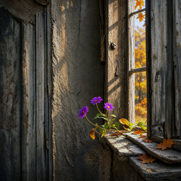 Purple flowers on an old rustic wooden windowsill glow in warm autumn sunset light, framed by a weathered wall, fallen leaves, orange foliage and generous copy space in a nostalgic country home scene.