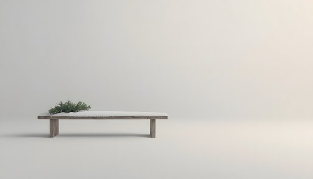 Minimalist interior with a simple wooden bench and neutral color scheme