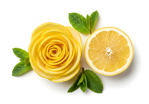 Yellow rose and lemon on green leaves illustration isolated on white background