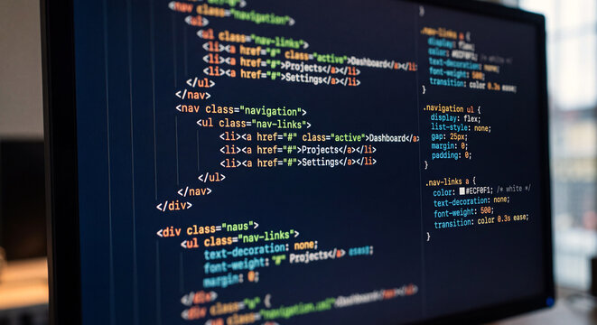 Computer monitor displaying lines of html and css code for a website navigation menu interface with developing web navigation computer screen displays