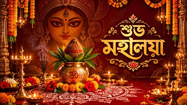 A traditional durga puja altar with lit diyas flowers and a decorative pot showcases hindu religious ceremony