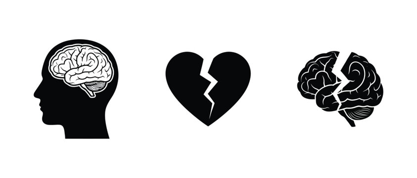 brain silhouette with heart and cracked brain symbolizing mental health and emotional pain