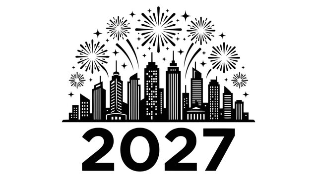 Black silhouette cityscape featuring towering skyscrapers beneath exploding fireworks and sparkling stars showcasing the numbers twenty twenty seven for upcoming festivities and joyous holiday