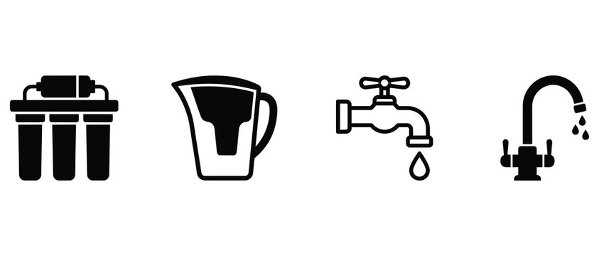 water filtration and purification icons showing water filter system pitcher faucet and running tap