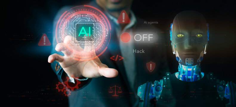 Businessman pressing AI agents off button concept. Hack prevention, artificial intelligence governance, security shield, ethics scale, emergency kill switch, alert, and robot.