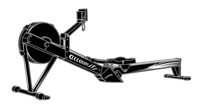 Black and white illustration of a rowing machine for fitness exercise on white background