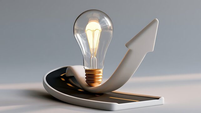 Creative light bulb with upward arrow symbolizing innovation and growth on modern wireless charging pad