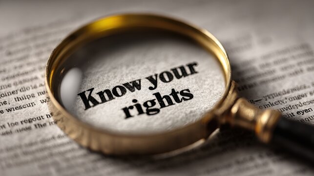 Magnifying glass focuses on Know your rights text on a document placed on a table in a well-lit room