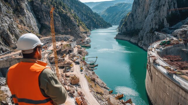 Engineer oversees huge dam construction by lake in sunny mountain area with ongoing work and machinery