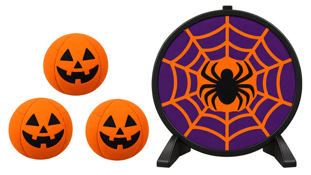 Halloween spider web target game with three pumpkin throwing balls for Party Activities