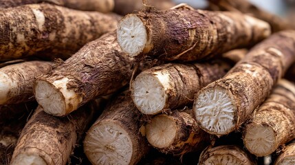 Obraz premium Freshly harvested yuca roots closeup showcasing earthy texture and natural colors in a pile at a local market