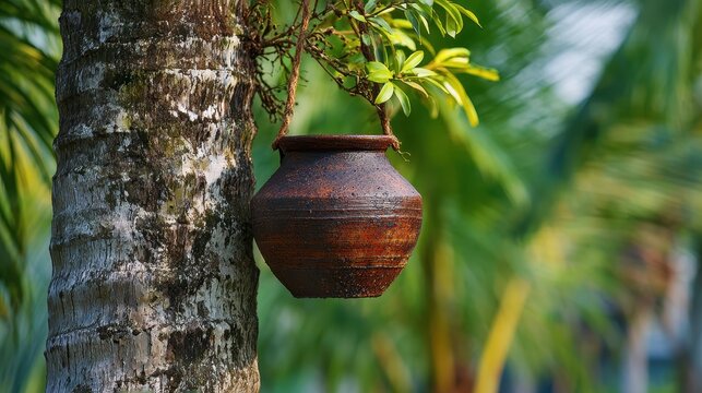 Clay pot hangs from palm tree trunk for collecting traditional rabab