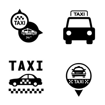Taxi service logo set and 24-7 cab booking vector icon flat design illustration