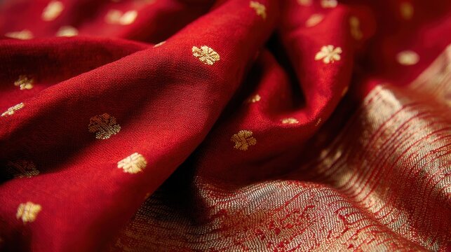 Rich red silk saree with gold border detail on textured fabric displayed at a cultural event in India during daytime