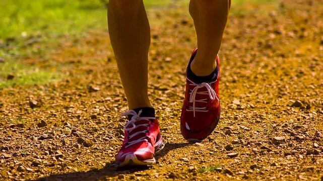 Close up of athletes feet running up a dirt trail