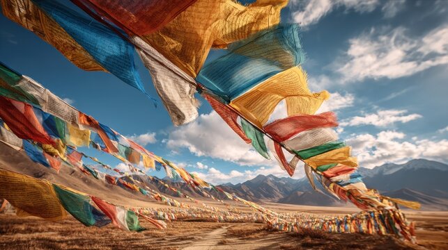 Colorful tibetan prayer flags flutter in the mountain wind in the himalayas under a clear sky with clouds