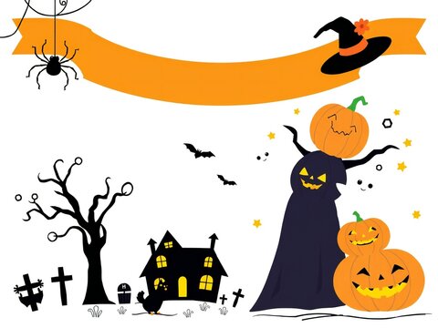 Halloween party banner with cute pumpkins witch hat spider spooky house and dead trees