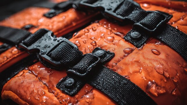 Close up view of a life jacket with orange fabric and black straps showing water droplets in a wet environment