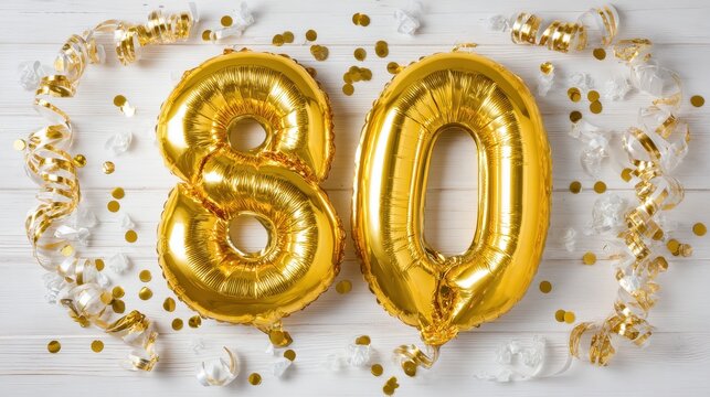 Golden number balloons for eighty second birthday celebration with confetti and decorations on a table