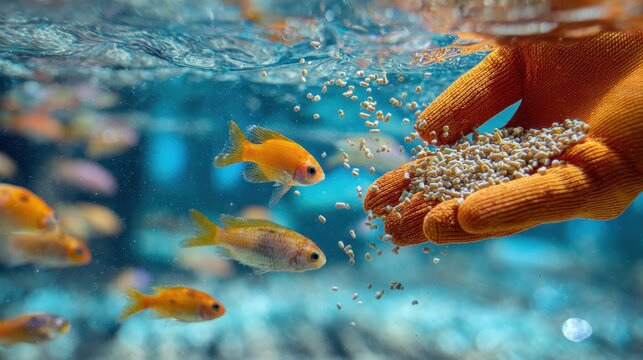 Orange gloved hand holds fish food pellets over clear blue water while feeding fish in a lively aquatic environment with swimming fish